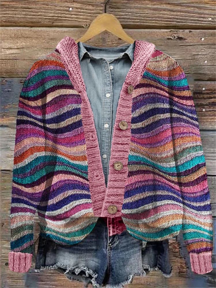Colorful Sea Waves Knit Art Cozy Hooded Cardigan
