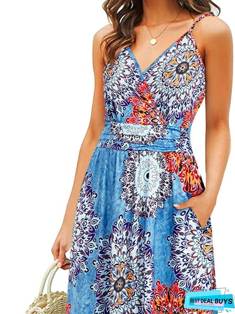 Printed Beach Skirt Loose Pocket Suspender Dress