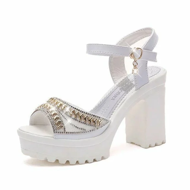 Tanguoant Tanguoant 2023 Rhinestone Fish Mouth Shoes Platform Platform Korean Version Waterproof Platform High Heel A Word With Thick Heel Sandals Women's Summer