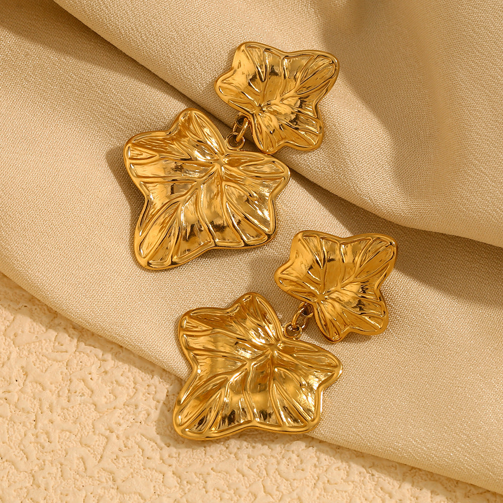 Ins Personality Retro Earrings Stainless Steel 18K Gold Plated Vintage Maple Leaf Texture Pendant Earrings Female