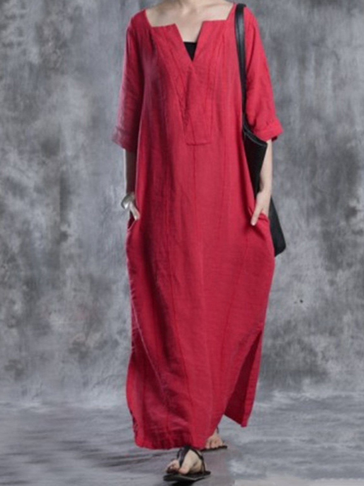 Red Solid Shift Simple Basic Casual Dress