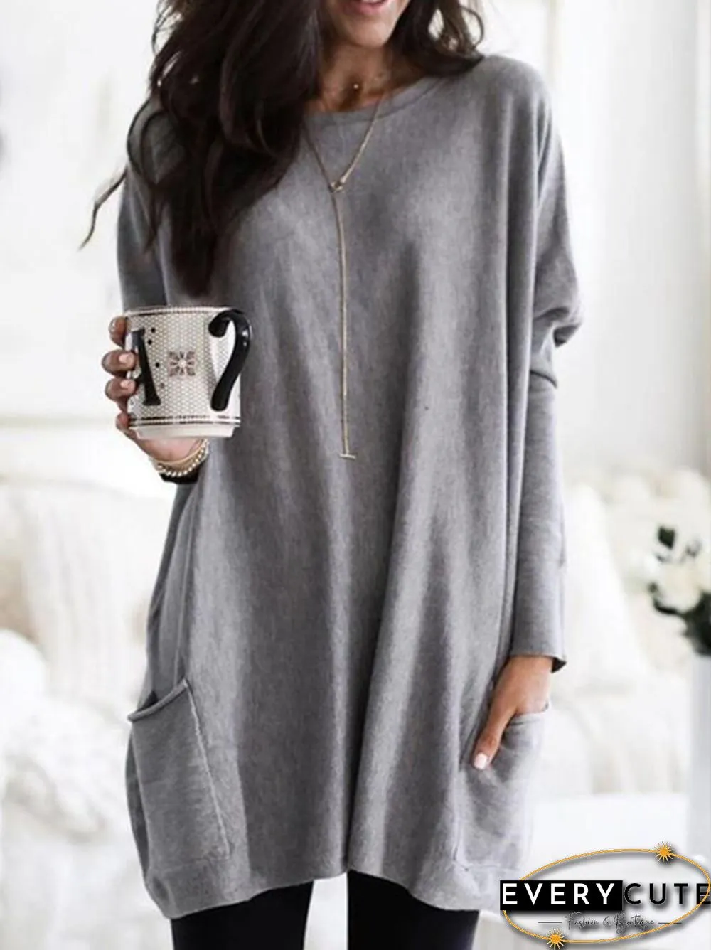 Plus Size Womens Autumn & Winter Casual Top Loose Pocket T-Shirt Long Sleeve Bat Blouse