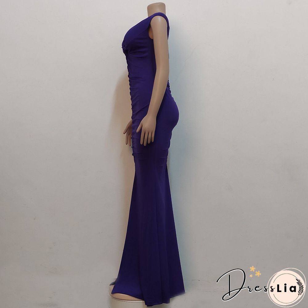 Low Cut Slash Neck Ruched Split Maxi Cocktail Dresses