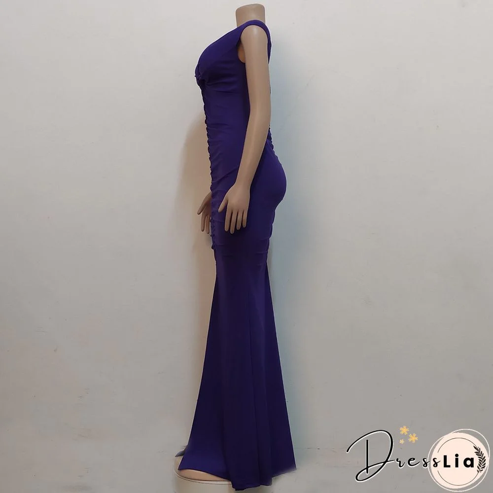 Low Cut Slash Neck Ruched Split Maxi Cocktail Dresses