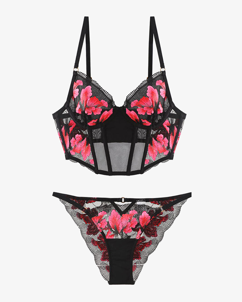 Lovingerie - Embroidered Corset Bra and Panty 2 Sets