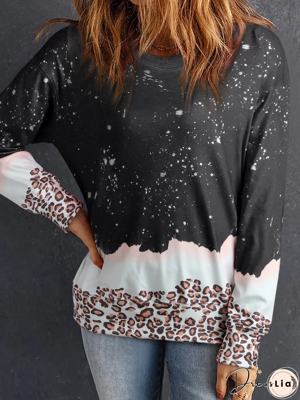 Leopard Print Charcoal Bleached Crewneck Sweatshirt