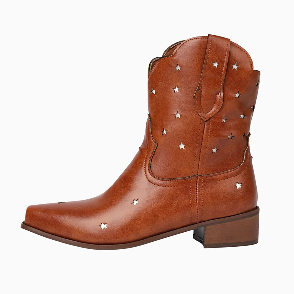Brown Square Toe Chunky Heel Pull On Star Hollow-Out Cowgirl Boots