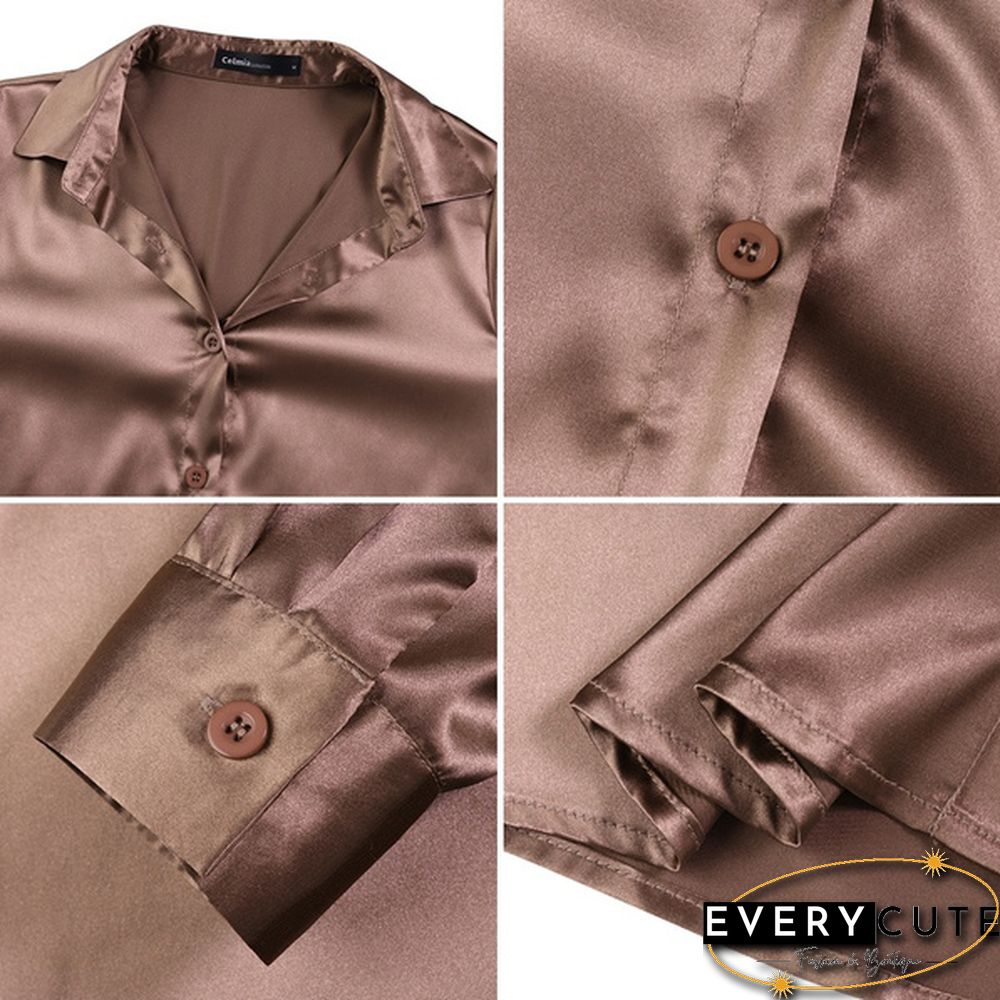 Autumn Women Long Sleeve Shirt Satin Silk Lapel Collar Elegant Casual Office Blouse Plus Size Tops Blusas