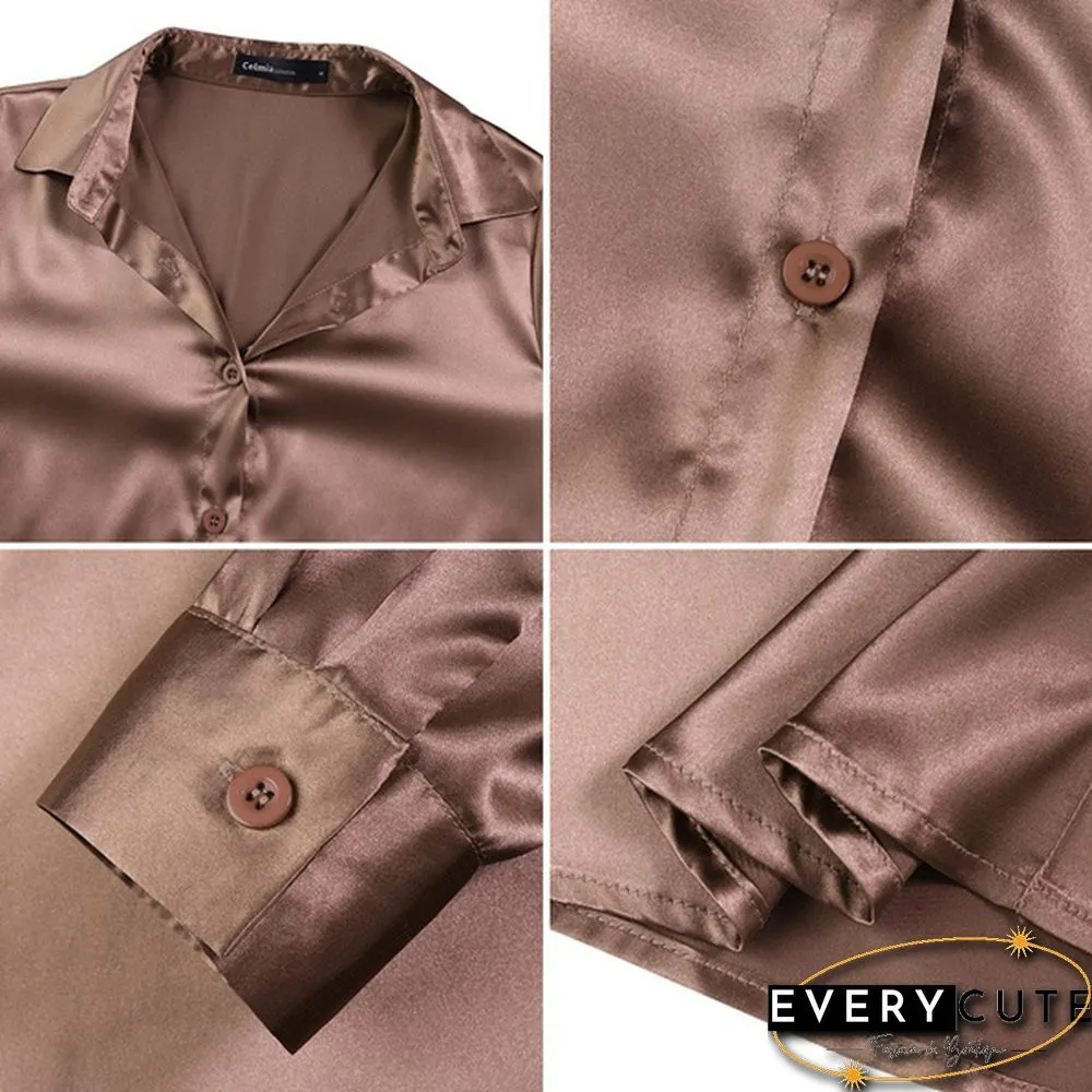Autumn Women Long Sleeve Shirt Satin Silk Lapel Collar Elegant Casual Office Blouse Plus Size Tops Blusas