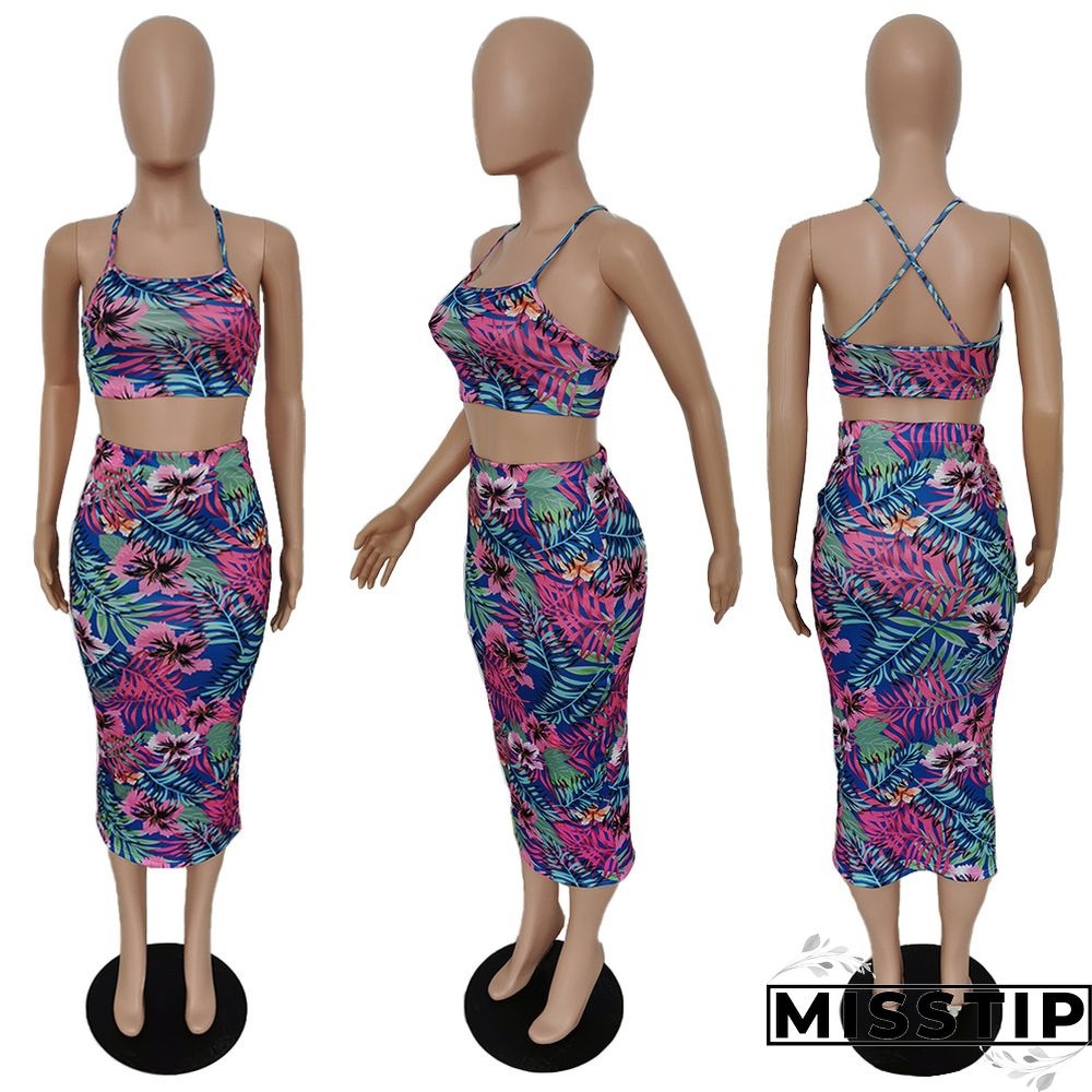 Floral Print Back Cross Tank Top Wrap Hip Skirt Two-piece Set