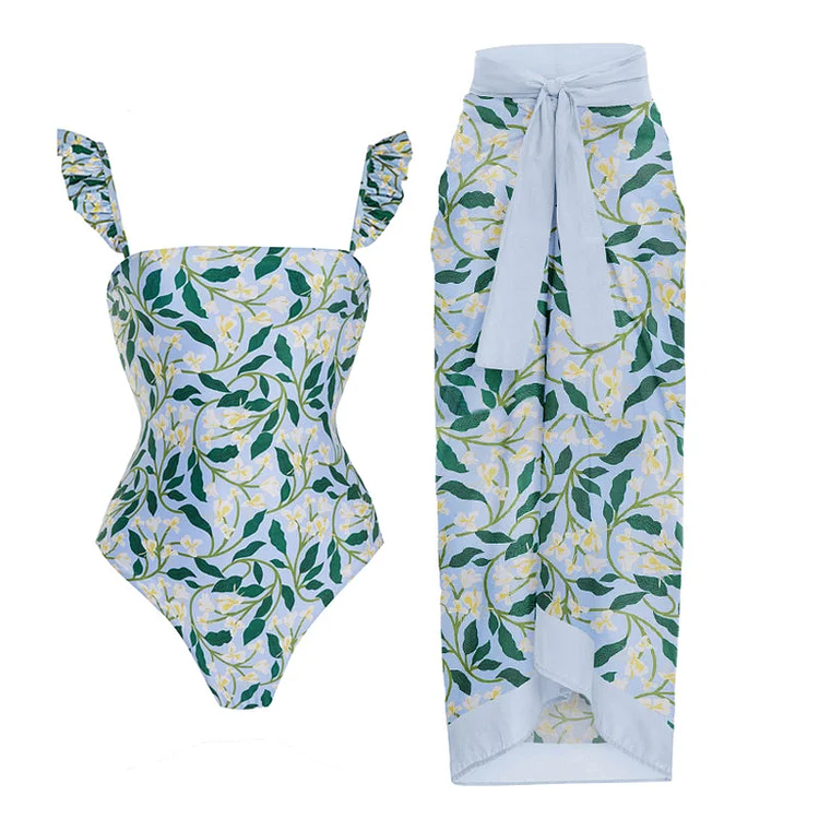 Flaxmaker Blue Fiori di Limone Printed One Piece Swimsuit and Cover Up