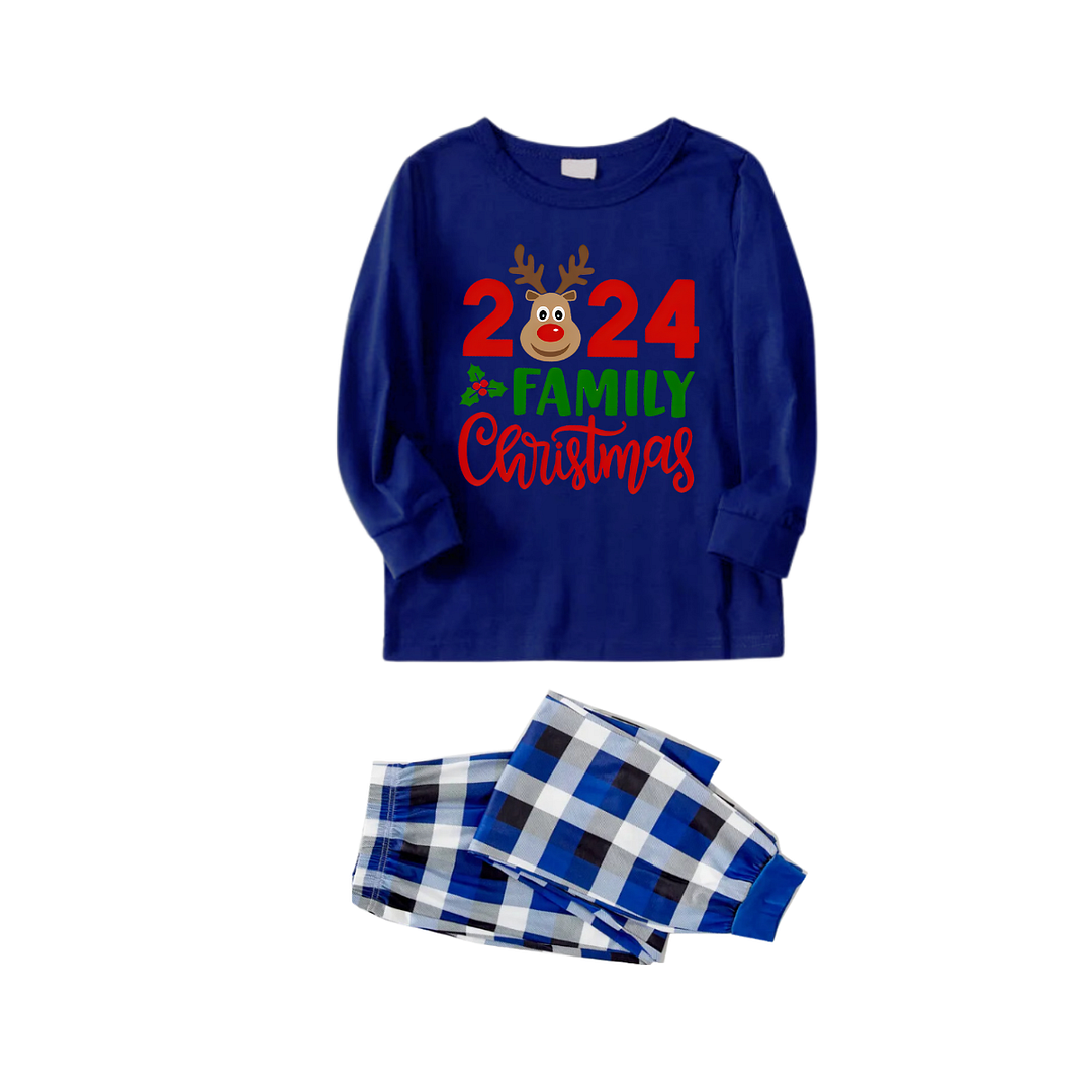 "Family Christmas 2024" Text and Deer Printed Blue and White Plaid Family Matching Pajamas