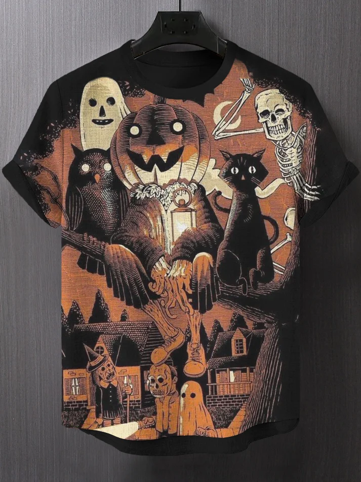 Men's Horror Pumpkin Ghost Skeleton Owl Halloween Print Casual T-Shirt