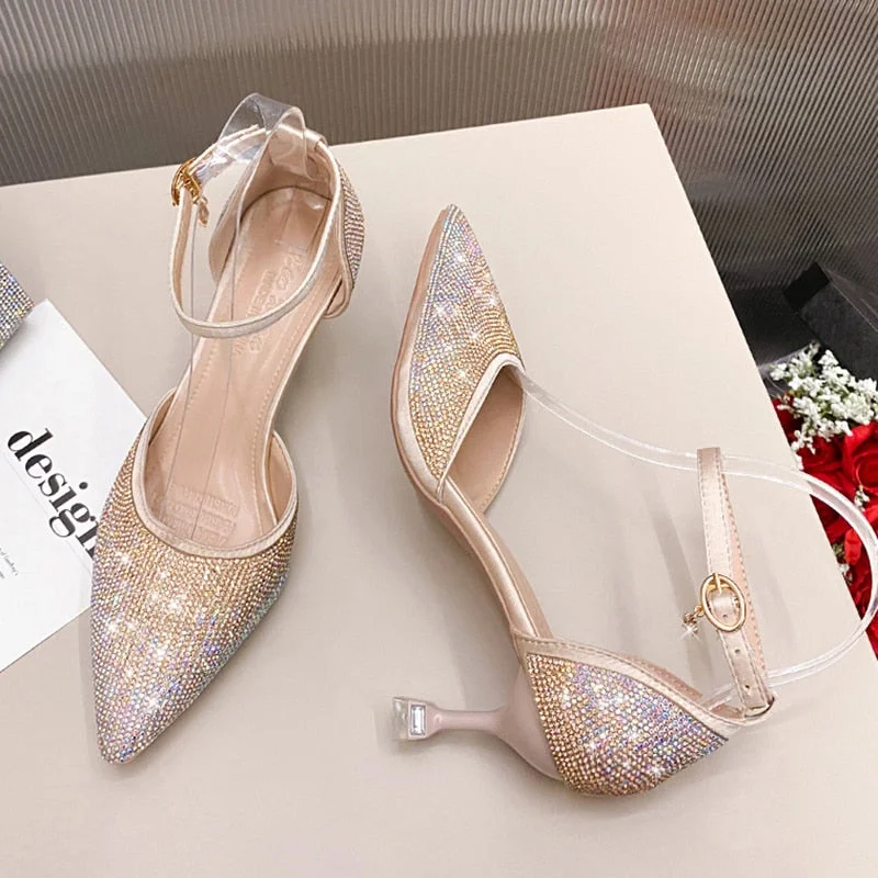 Shining Crystal Gold Pumps For Women 2022 Sexy Ankle Strap High Heels Shoes Woman Pointed Toe Rhinestone Wedding Party Shoes