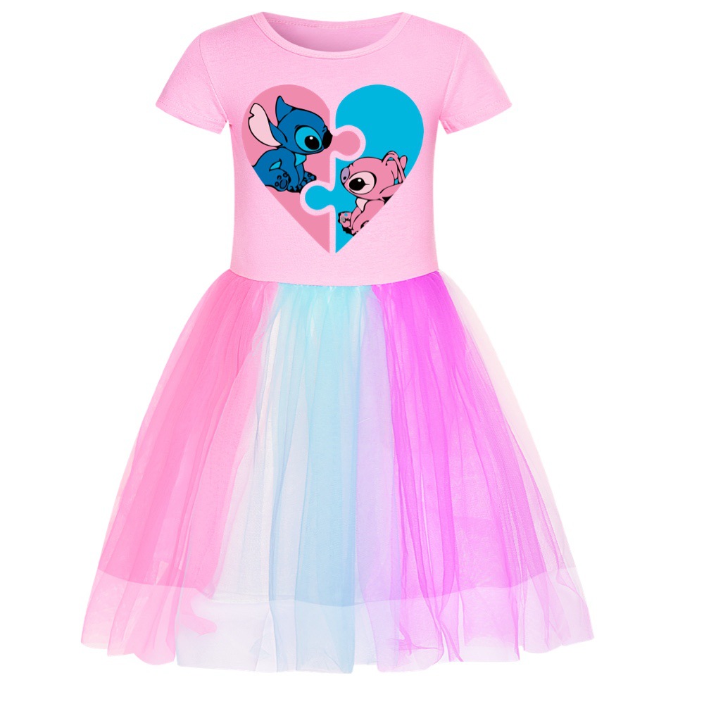 Stitch-Themed Girls' Rainbow Star Lace Skirt Dress for Kids - Fun and Colorful Design -Mayoulove