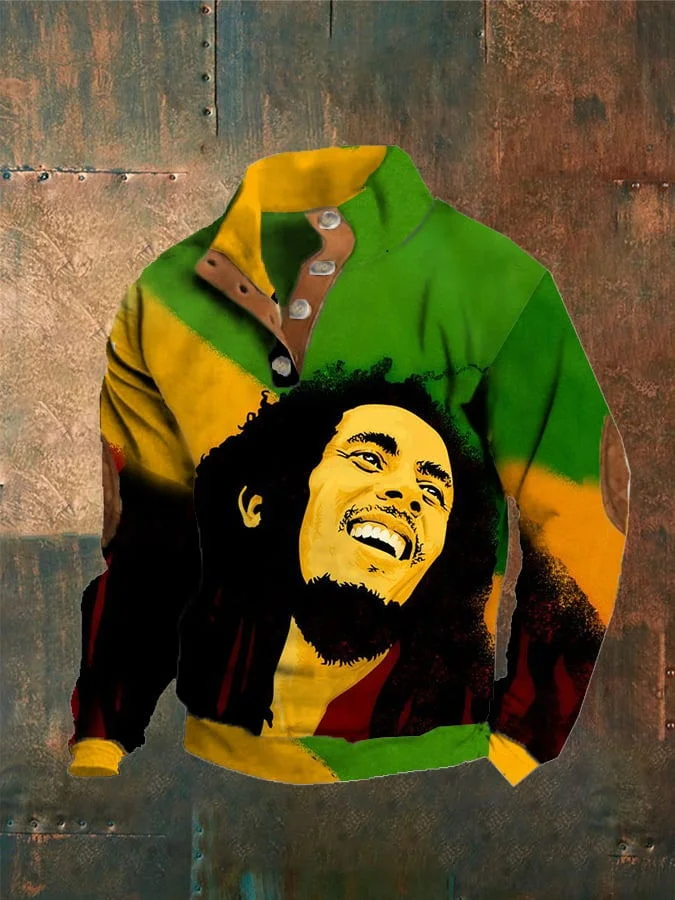 Bob Marley Print Stand Collar Button-Up Sweatshirt