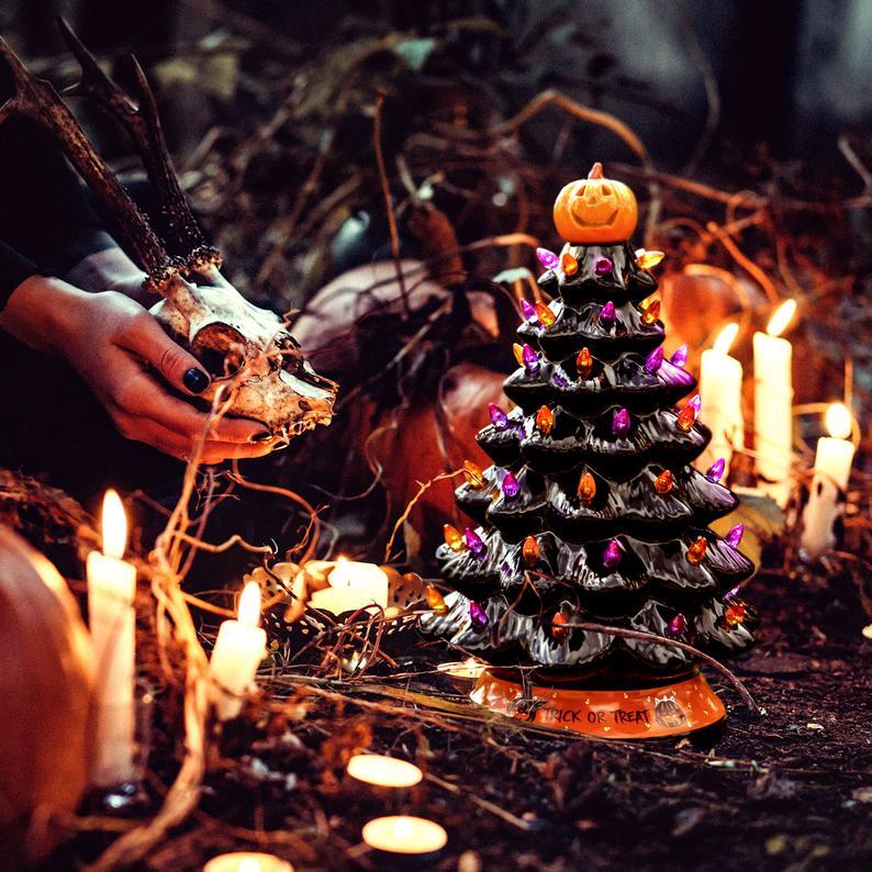 Lakeside Lighted Ceramic Halloween Tree Decoration Battery Powered Accent