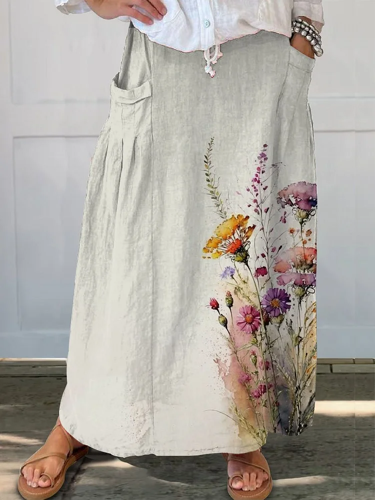Women's  Floral Print Linen Pocket Skirt