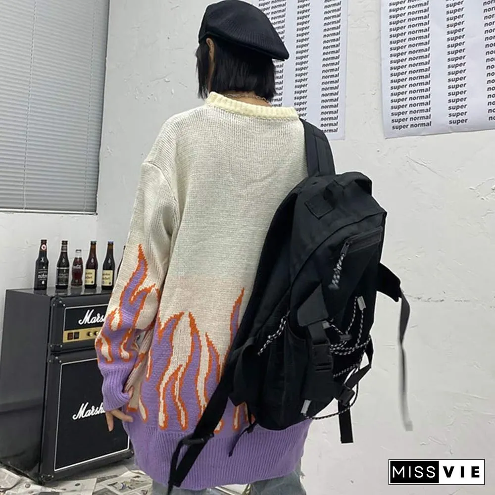 Chic Colorblock Knit Flame Print Sweater
