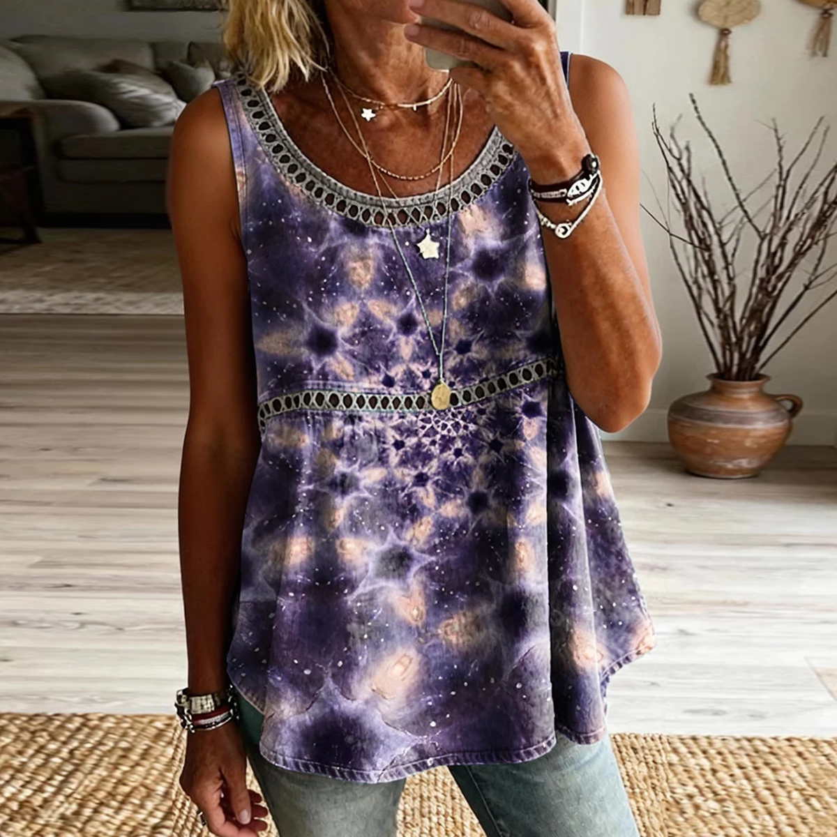 Women's Retro Art Print Casual Sleeveless Hollow-out Cotton Linen Vest elevenforest