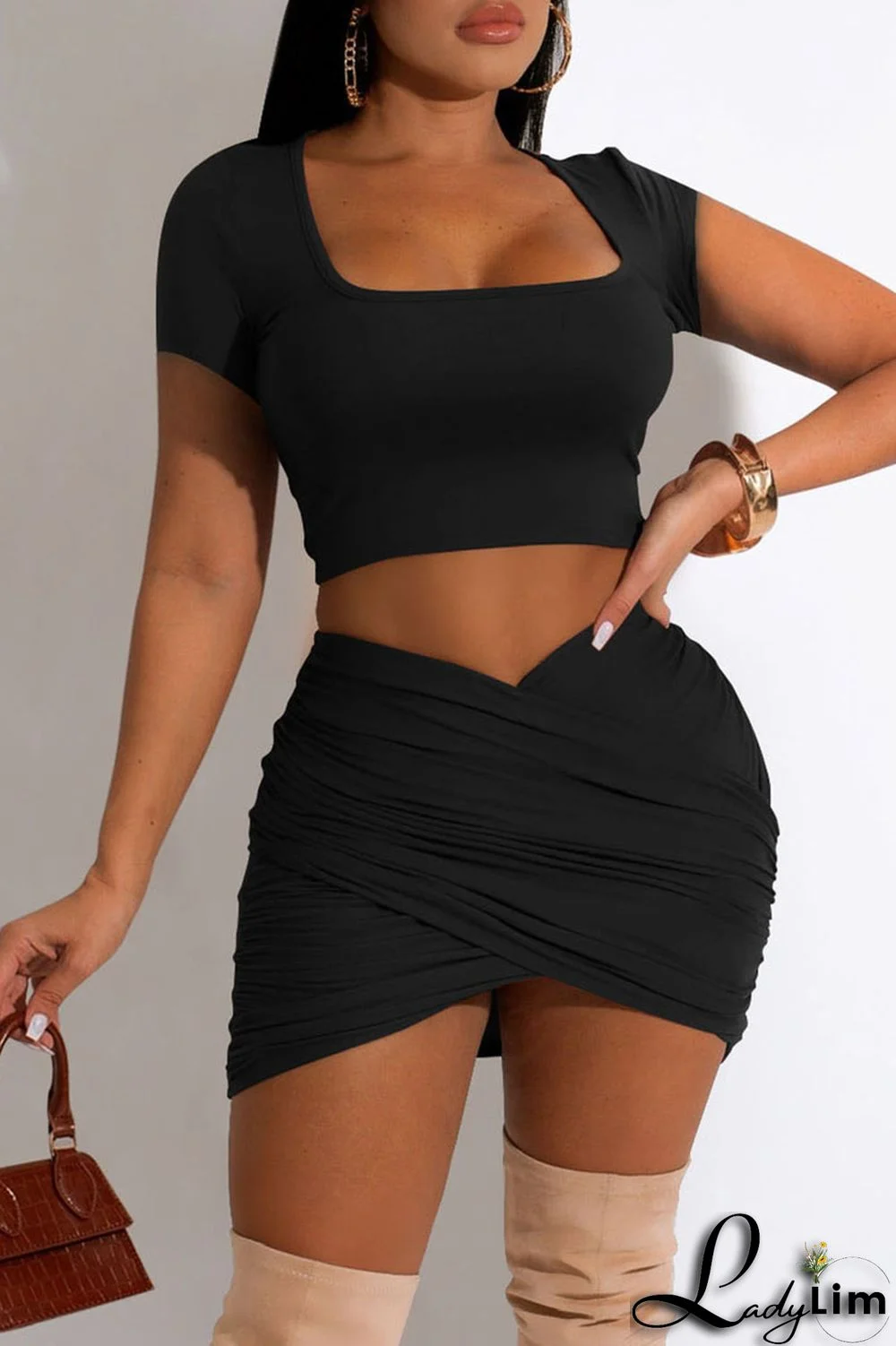 Black Sexy Solid Split Joint U Neck Short Sleeve Two Pieces