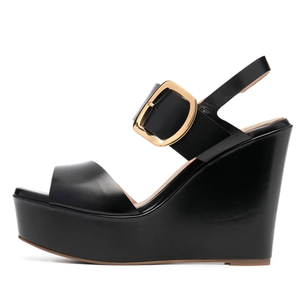 Round Toe Buckle Ankle Strappy Black Wedge Sandals with Platform
