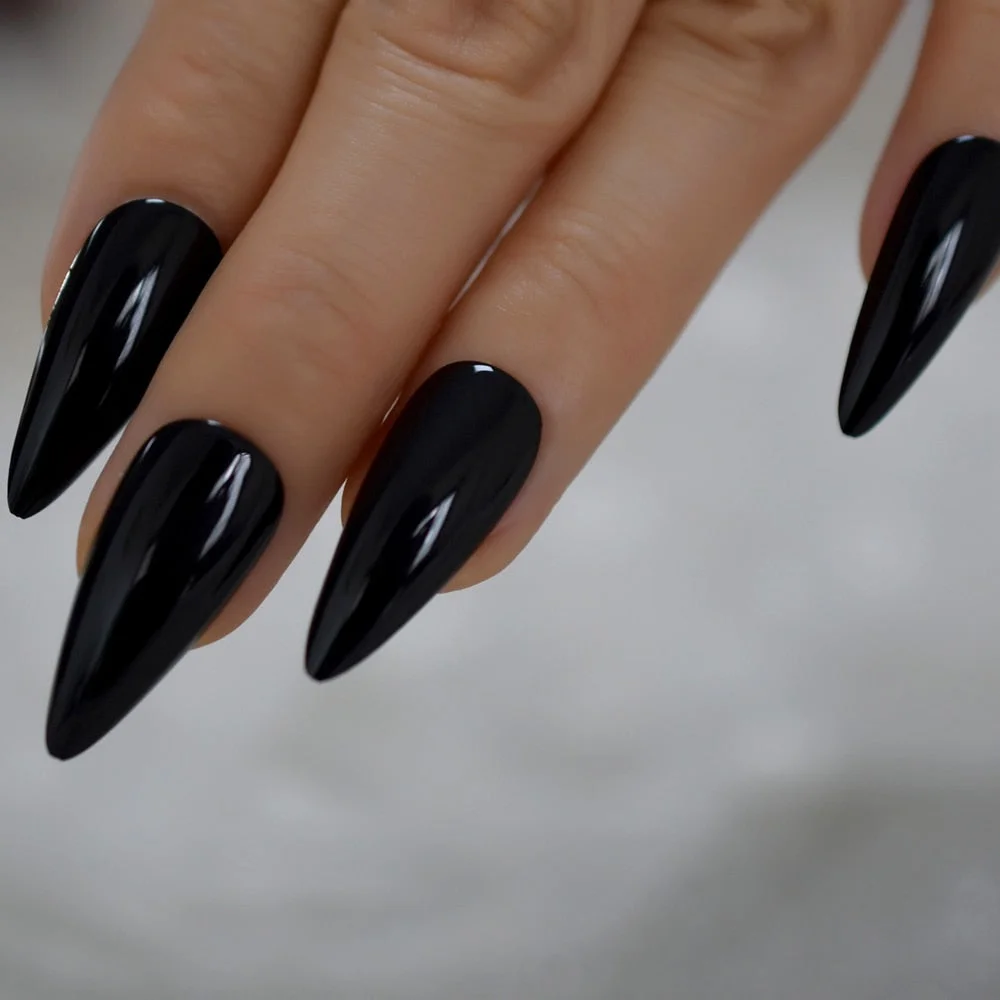Sharp Pointed Fake Nails Black Gelnails Medium-Long Size Real Stiletto Point Acrylic Nail Tips 24-Nail Inspo