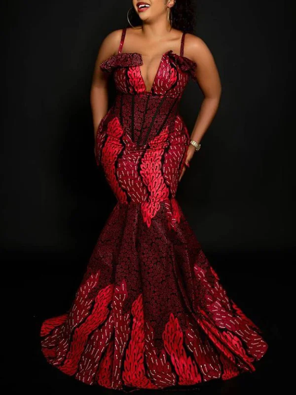 Spaghetti-Neck Jacquard Lace-Up Wrap Wine Red Evening Maxi Dress