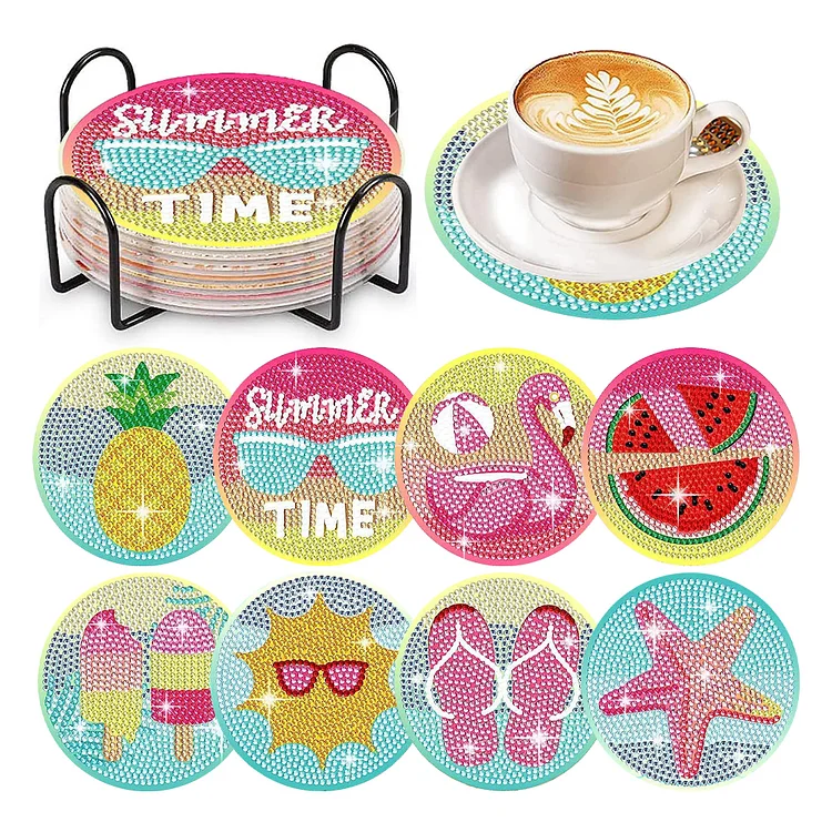8 Pcs Colourful Holiday Wooden Diamond Painting Coasters Kits Kit with Holder