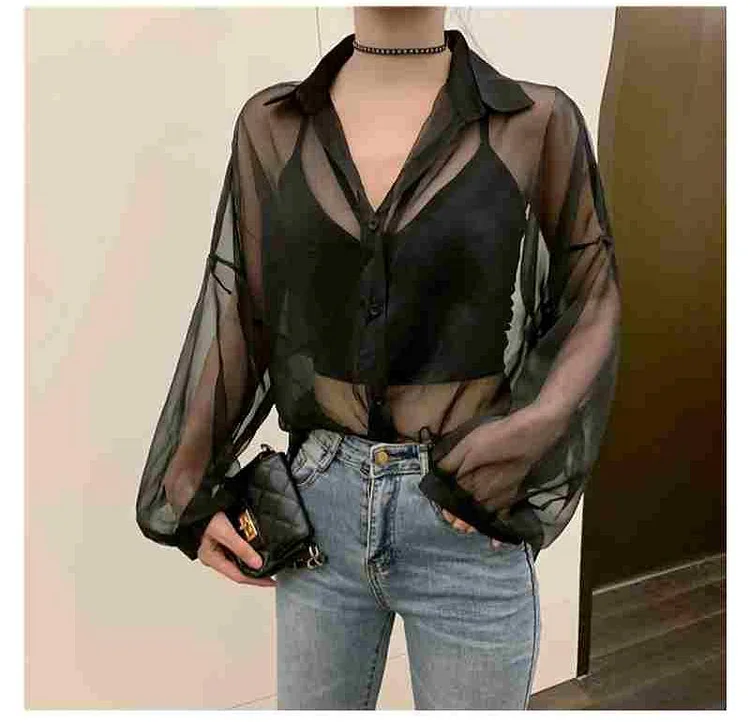 Sexy Solid Color Chiffon Perspective Long Sleeve Blouse Shirt