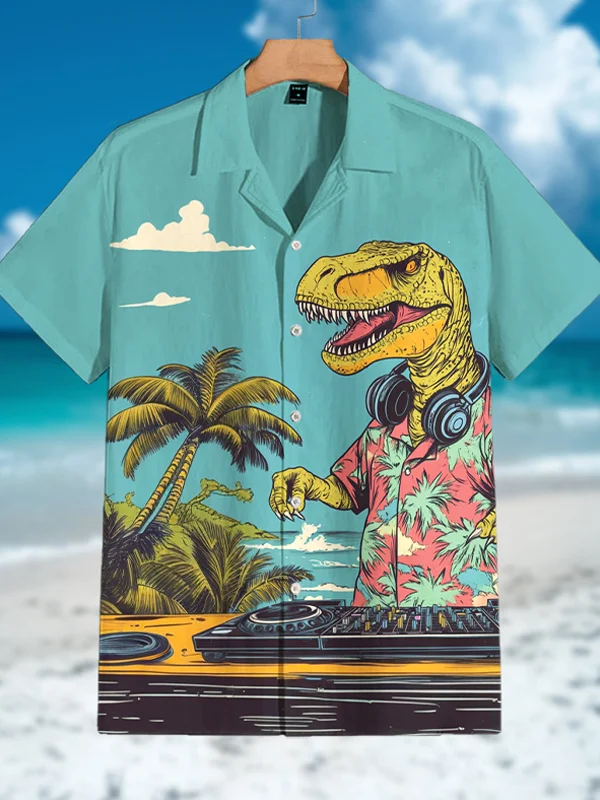 Men's Seaside Dinosaur DJ Holiday Style Graphic Print Shirt