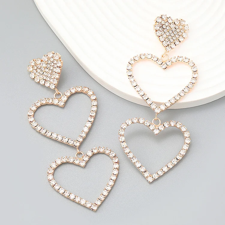Hollow Heart-shaped Rhinestone Earrings-Gold