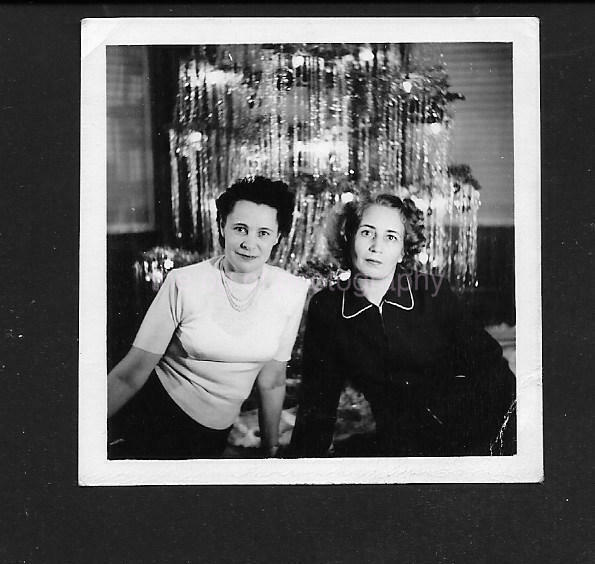 CHRISTMAS WOMEN Found Photo Poster painting TREE bwPortrait VINTAGE 04 37