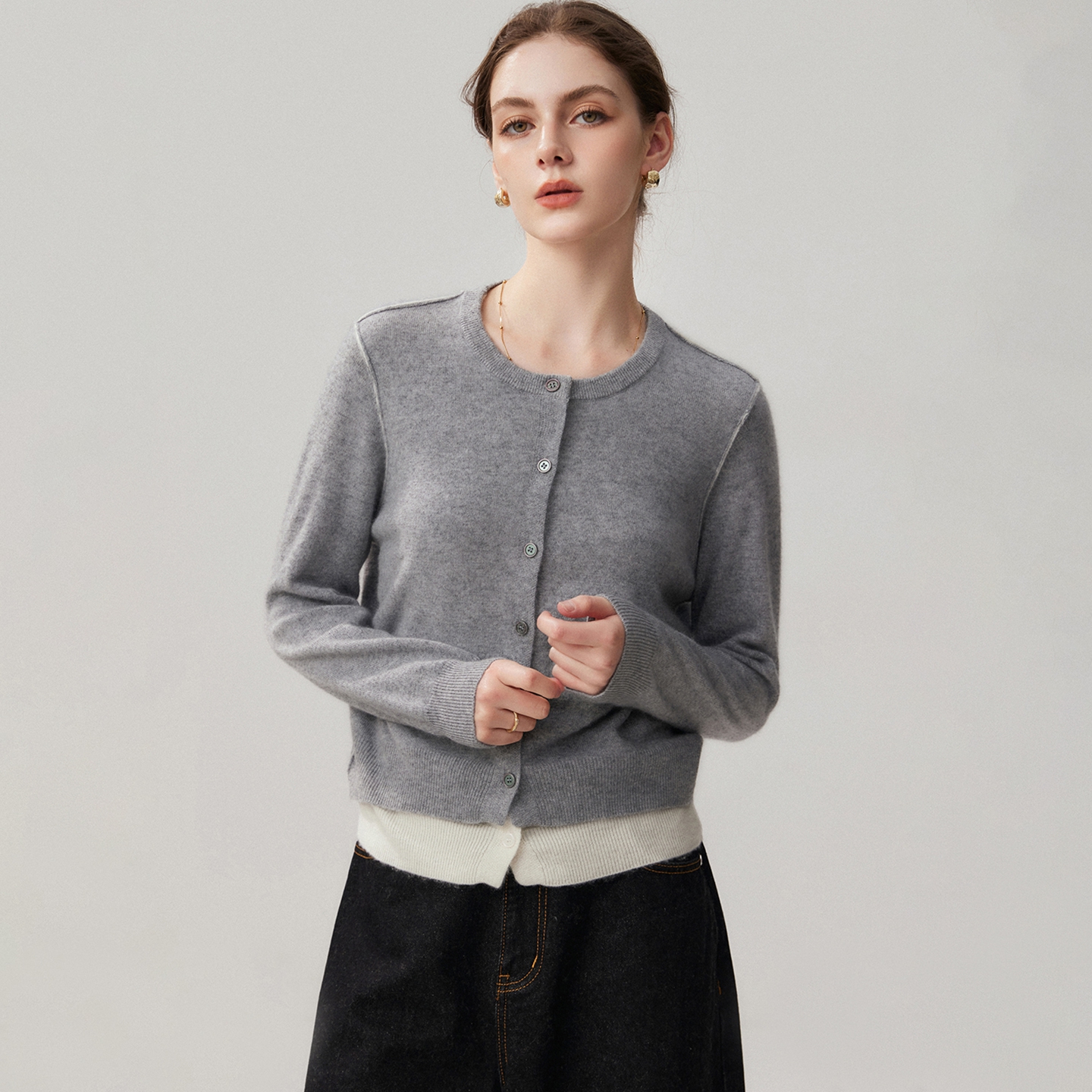 Women's Baby Cashmere Cardigan Relaxed Fit Contrast Hem REAL SILK LIFE