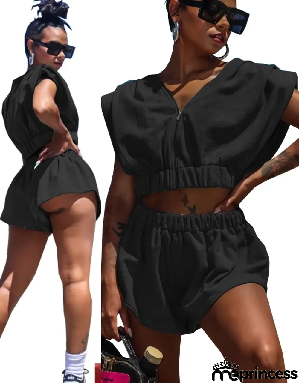 Summer Casual Black Two Piece Shorts Tracksuit