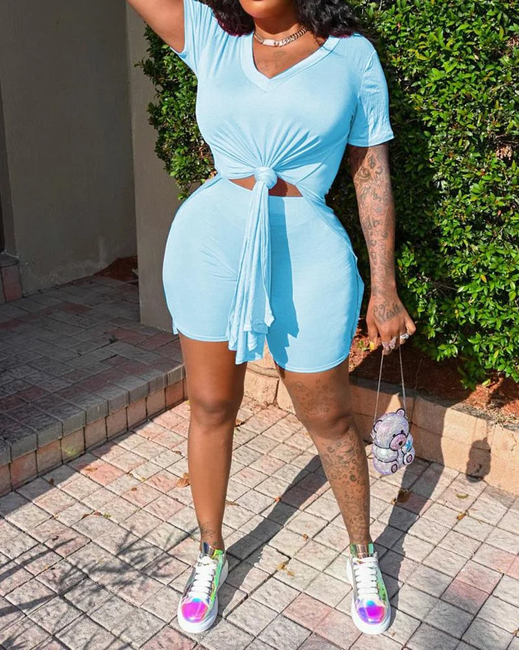Pure Color Short Sleeve Sports Suit