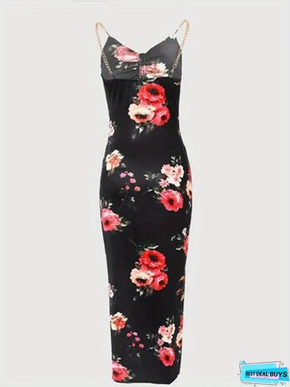 Floral Print Chain Strap Dress, Sexy Cut Out Sleeveless Bodycon Dress, Women's Clothing