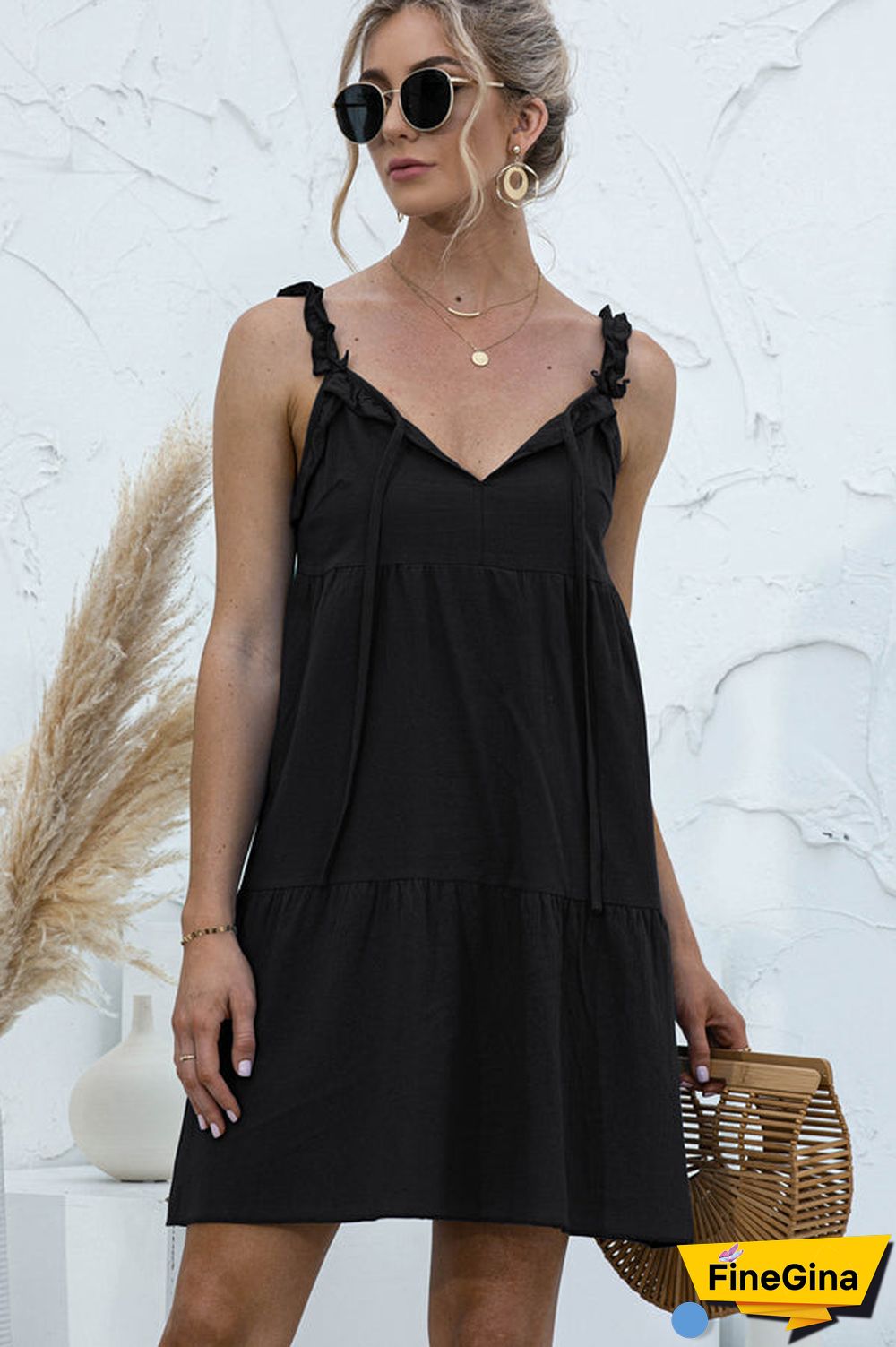 Fashion Solid Color V Neck Casual Mini Dress