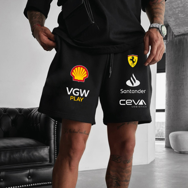 Men's Black Loose Fit Racing Print Shorts / TECHWEAR CLUB / Techwear