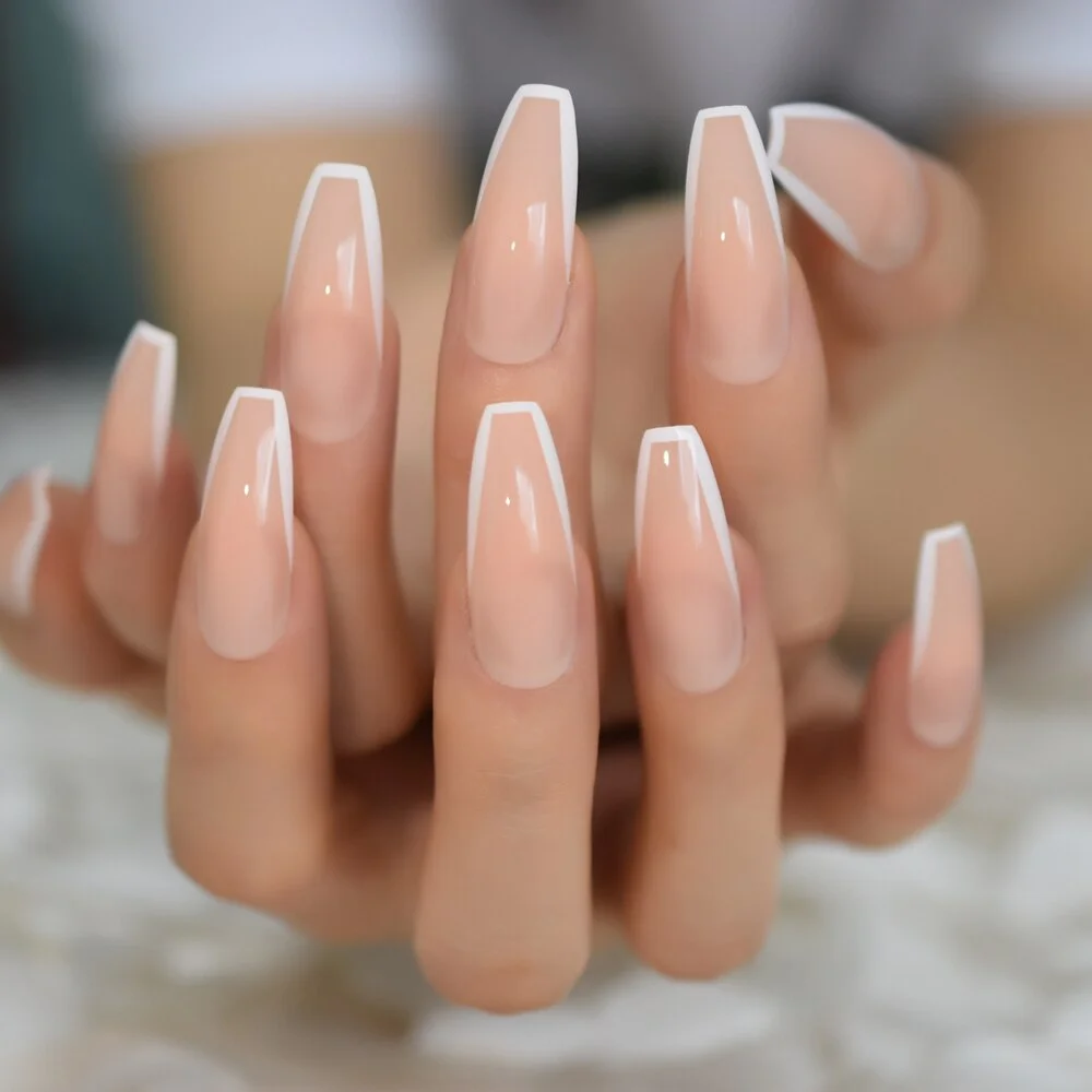 Ombre French Tip Extra Long Ballerina Shape False Press on Natural Nails White Gradient Nude Coffin Tips with Adhesive Tabs 24-Nail Inspo