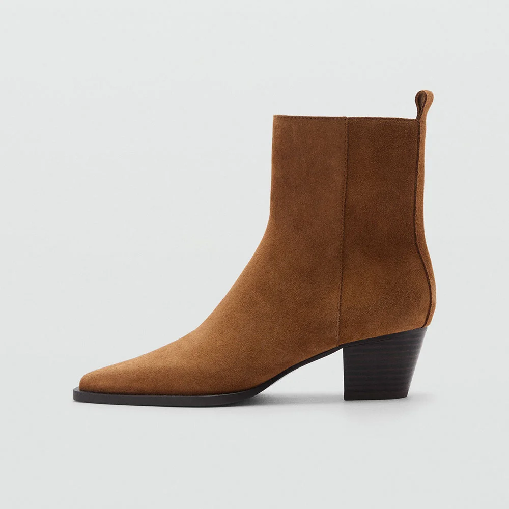 Brown Vegan Suede Chunky Heel Square Toe Zipped Booties for Women