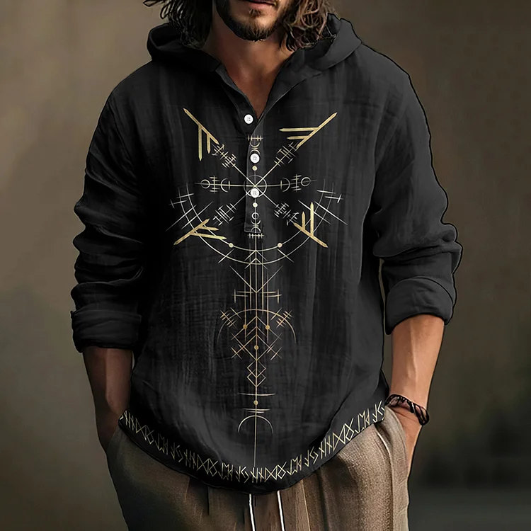 Vintage Viking Art Men's Linen Hooded Shirt