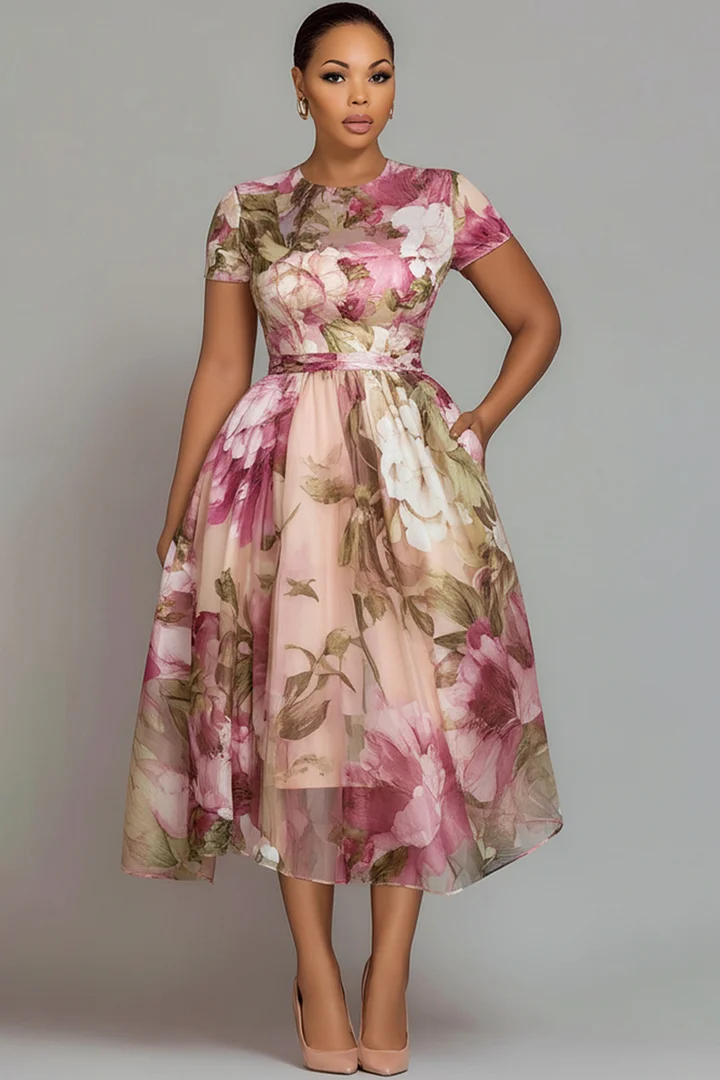 Xpluswear Design Plus Size Wedding Guest Pink Floral Round Neck Short Sleeve Pocket See Through Chiffon Midi Dresses 2024 - Xpluswear