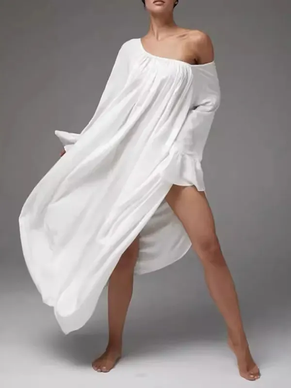 Flared Sleeves Pleated Solid Color Split-Joint Lapel Maxi Dresses Shirt Dress
