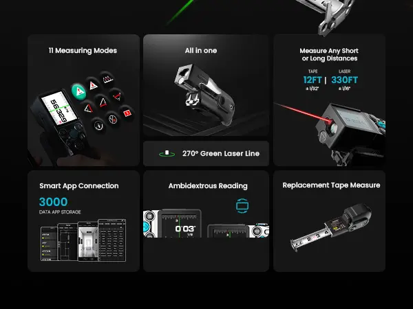 Product Introduction of Mileseey XTAPE1 Digital Tape Measure. Professional 330Ft Laser Measuring Tool & 12Ft Measuring Tape with Green Laser Extension. Instant Digital Readout. P2P. App Sync. Replaceable Blades Module 3