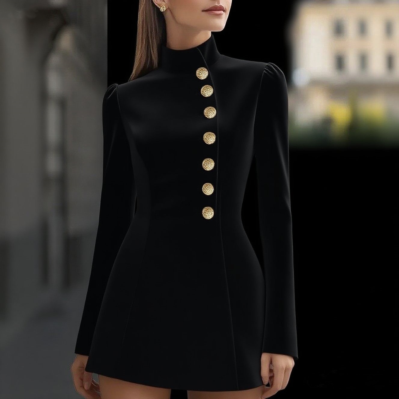 Women's Fashionable Stand Collar Single-Breasted Slim Fit Formal Mini Dress