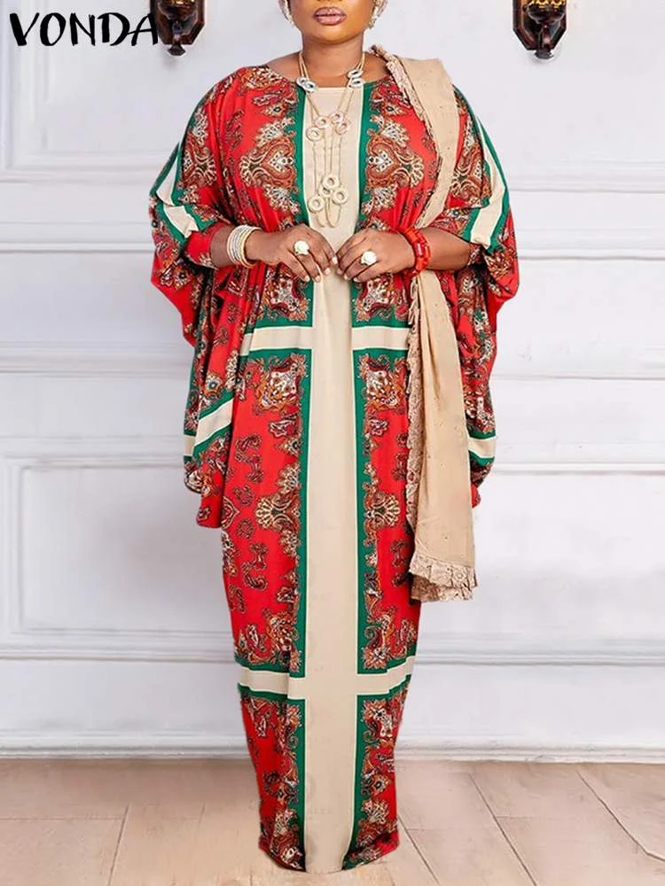 Women Bohemian Maxi Long Dress Elegant Party Maxi Dress 2022 VONDA Summer Long Sleeve Vintage Printed Holiday Vestidos Femme 4#