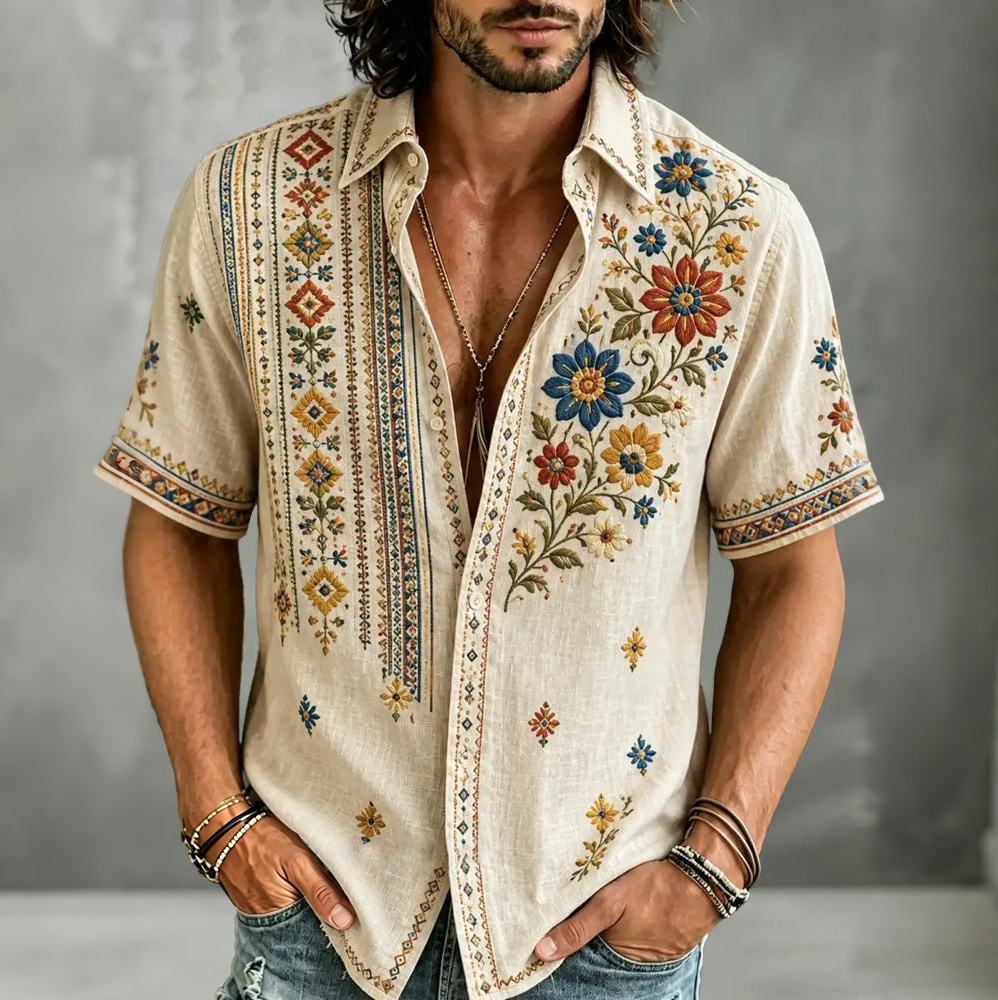 Men's Casual Retro Floral Short-sleeved Shirt  artssus