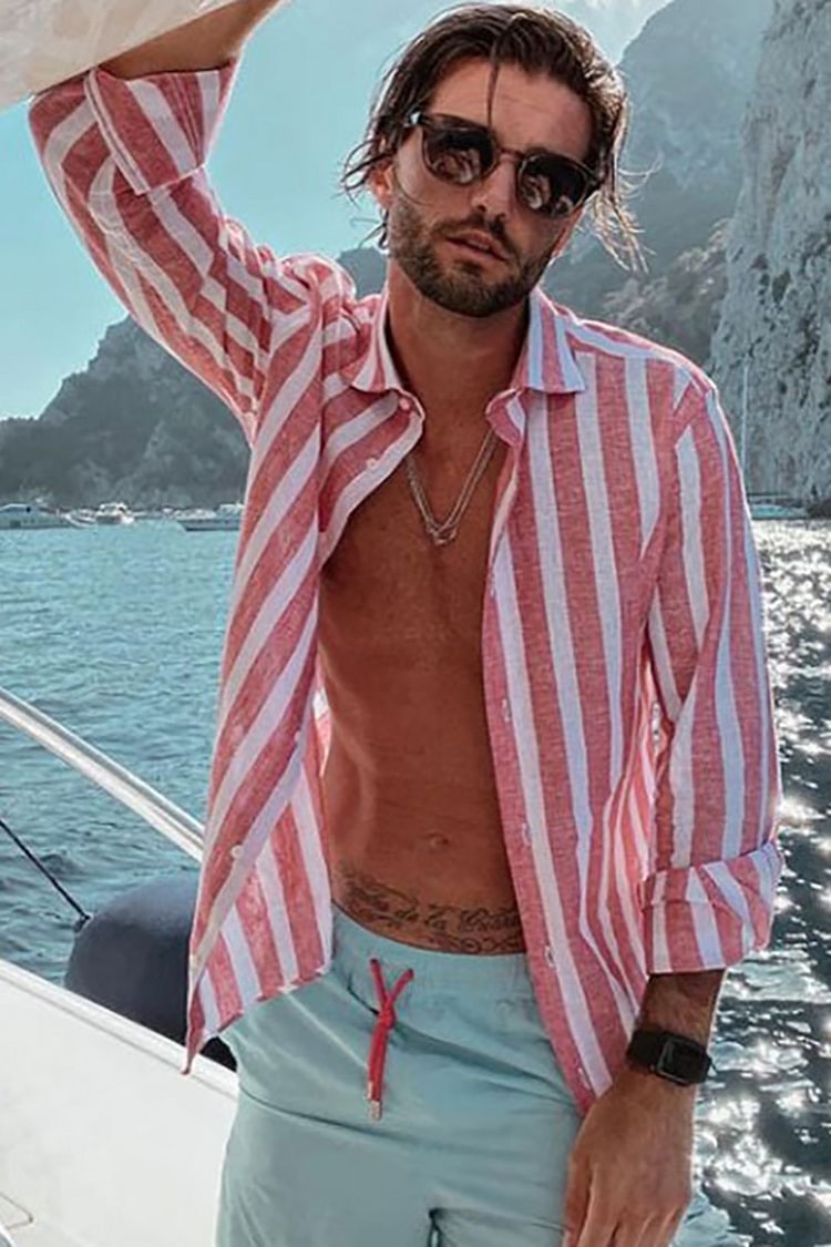 Men's Casual Lapel Striped Beach Long-sleeved Loose Shirt