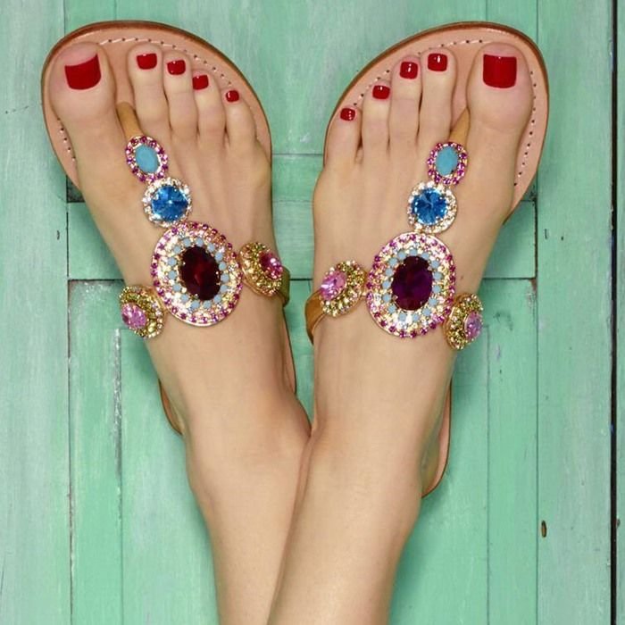 Colorful Jeweled Sandals Rhinestone Beach Flat Flip Flops |FSJ Shoes